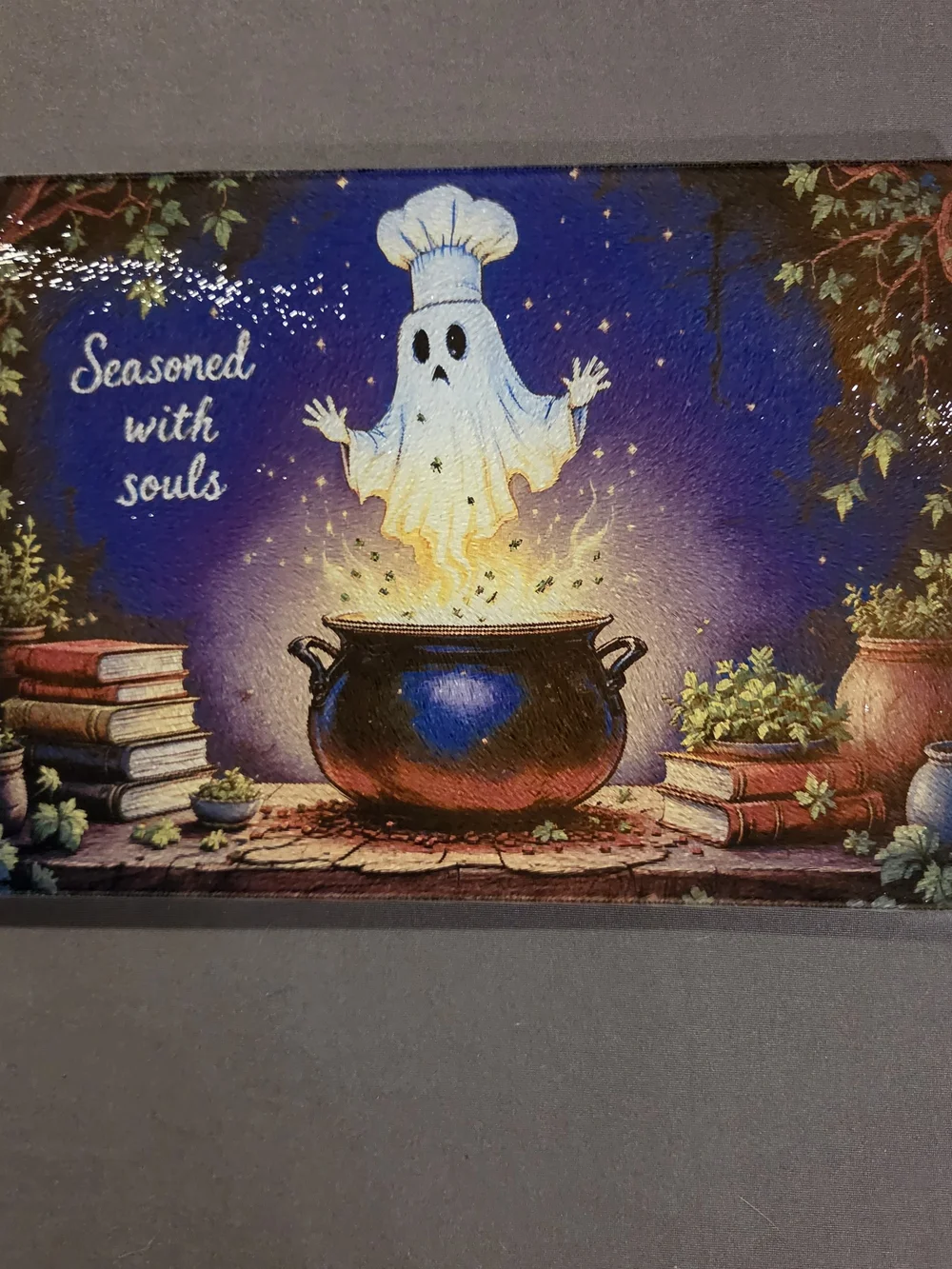 Halloween Ghost Chef Glass Cutting Board 8x11 Seasoned With Souls